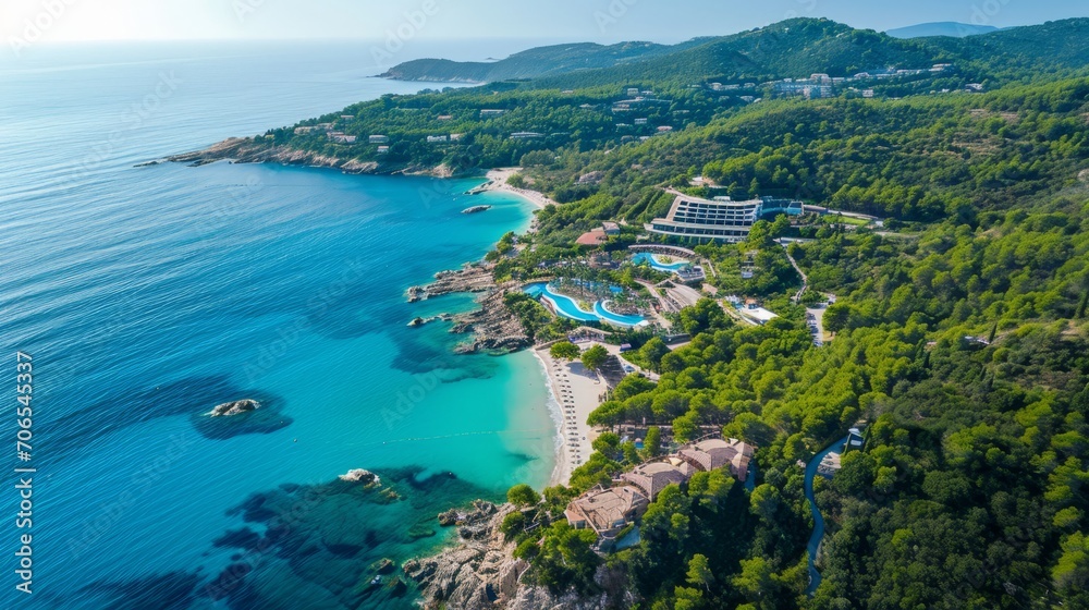 Aerial View of Luxury Resort by Turquoise Sea Surrounded by Lush Greenery on a Sunny Coastal Landscape