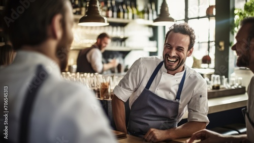 Cheerful male bartender in apron laughing with customers at a trendy bar. © Virtual Art Studio