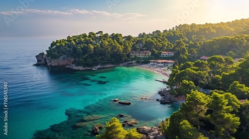 Golden Hour Over a Secluded Beach Cove Surrounded by Dense Forest and Turquoise Waters photo