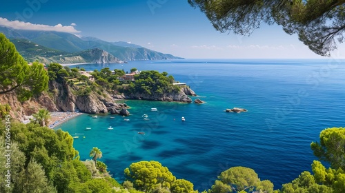 Scenic Coastal View of a Serene Blue Bay with Boats and Lush Greenery on a Clear Summer Day