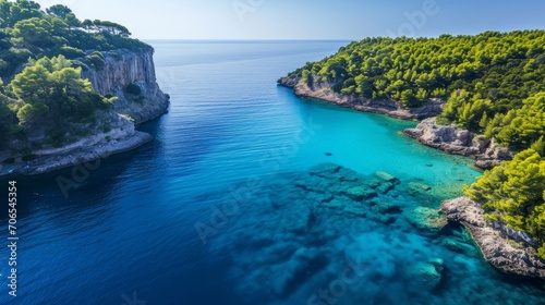 Breathtaking View of a Turquoise Cove Nestled Between Lush Green Cliffside on a Sunny Day