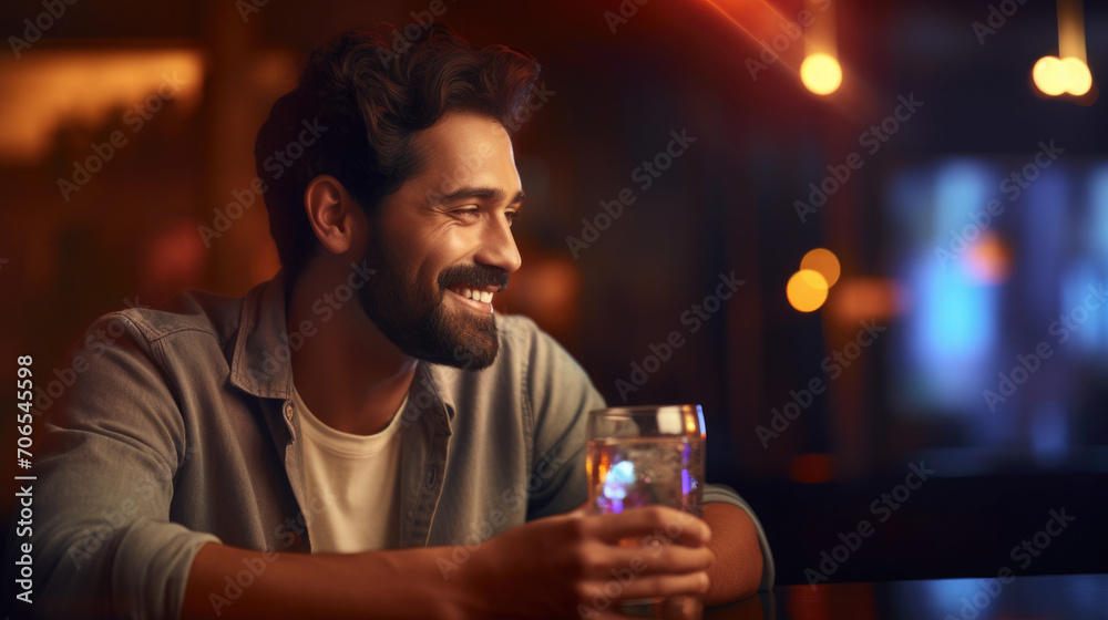 bearded man smiling, sitting with a glass glass of drink in a cafe, looking to the side