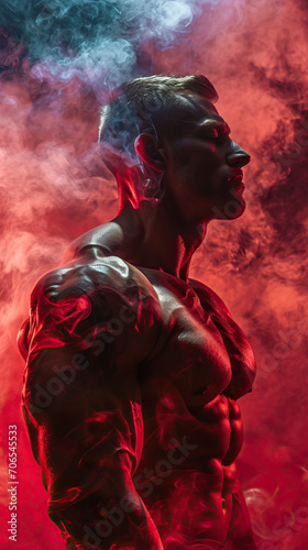 Muscular Young Bodybuilder Amidst Smoke, Against a Vibrant Background © Lila Patel