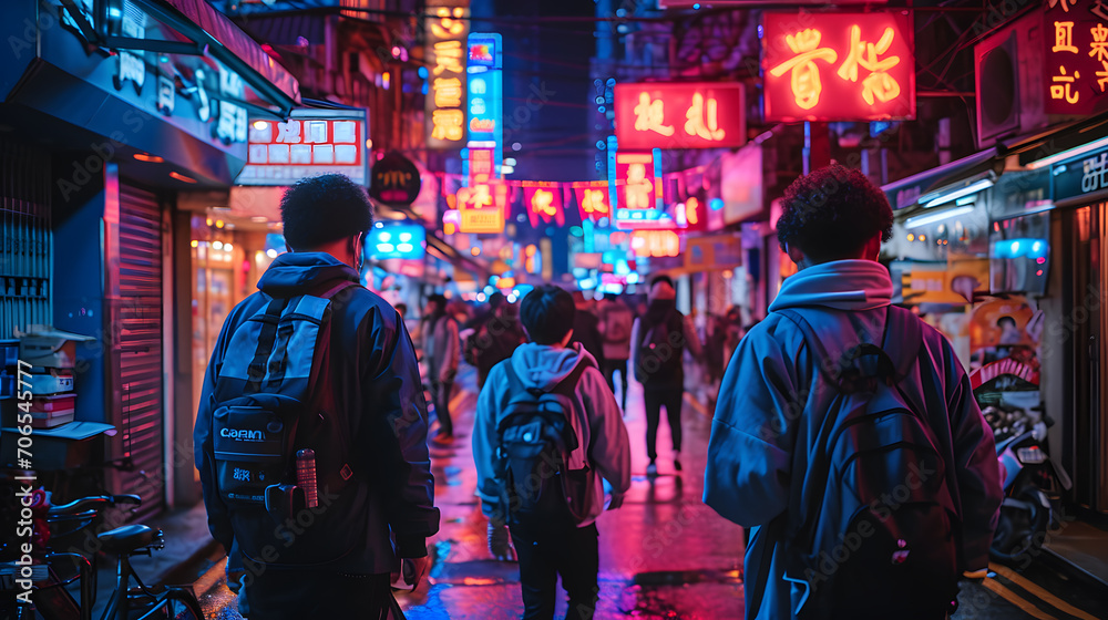Fototapeta premium A bustling urban street, with stylish synthetic influencers showcasing trendy fashion, during a neon-lit night
