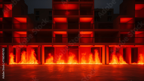 Fachada de edifício em tons vermelhos sob luz noturna  focos de incêndio no piso térreo photo
