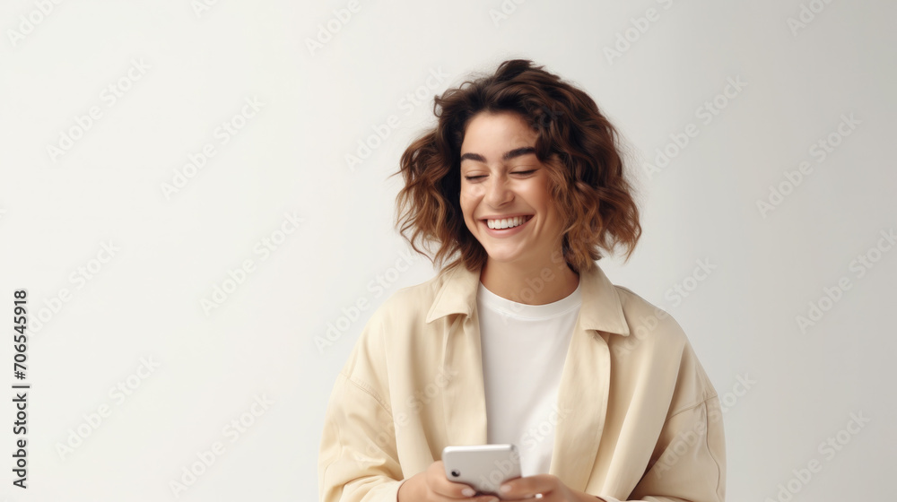 young woman smiling with closed eyes looking at the phone on a light background young woman smiling with closed eyes looking at the phone on a light background