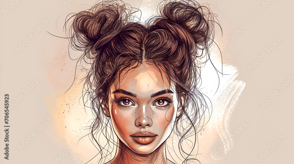 Curly beauty girl illustration isolated on clear background. Double buns with long hair. Hand draw idea for business cards, templates, web, brochure, posters, postcards, salon,