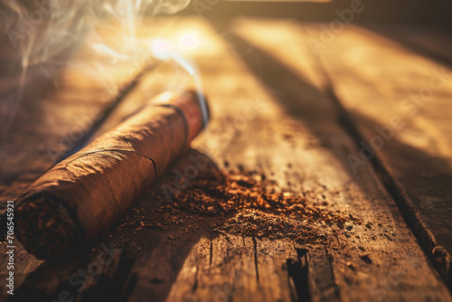 Cuban cigar with smoke, close up view with details, atmospheric light and background. generative AI © marcin jucha