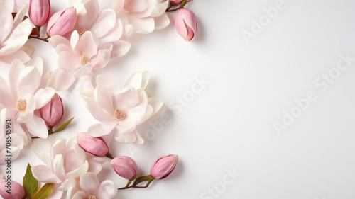 magnolia flowers branches on a background for copy space top view floral arrangement on a white background photo