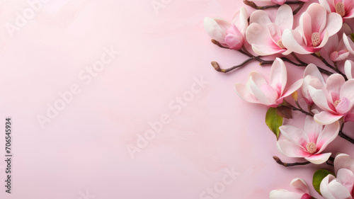 magnolia flowers branches on a background for copy space top view floral arrangement on a pink pastel background © ТаtyanaGG