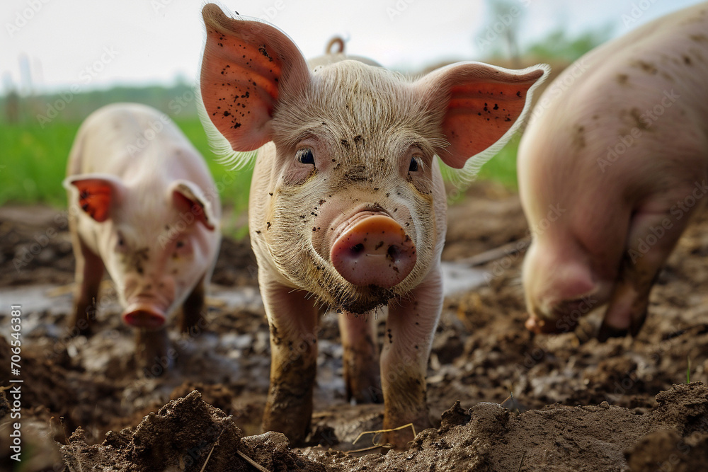 Happy pigs roaming free on farm meadow and mud. Farm animal welfare and care. Generative Ai. Happy pigs roaming free on farm meadow and mud. Farm animal welfare and care. Generative Ai.