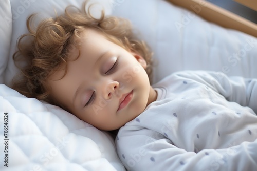 Cute little girl sleeping in bed at home, soft focus background
