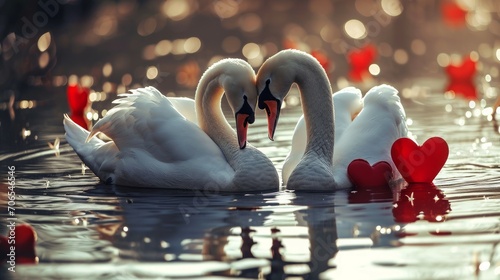 Fototapeta Naklejka Na Ścianę i Meble -  Two white swans in love on the lake with red hearts.