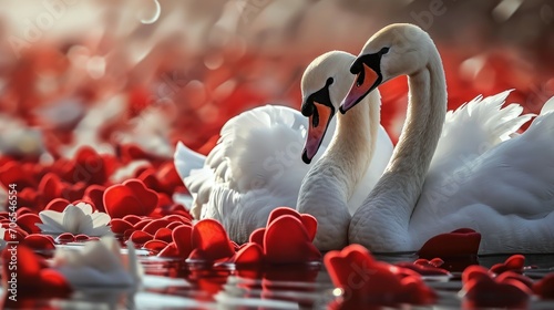 Fototapeta Naklejka Na Ścianę i Meble -  Two white swans in love on the lake with red hearts.