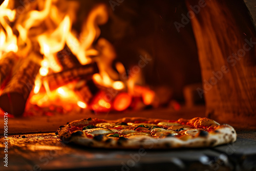 Fresh pizza with basil, cheese and tamato sauce in wood fired oven. Generative AI