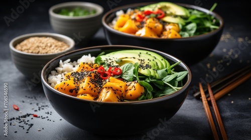 Buddha bowl with mango, avocado, spinach and sesame seeds