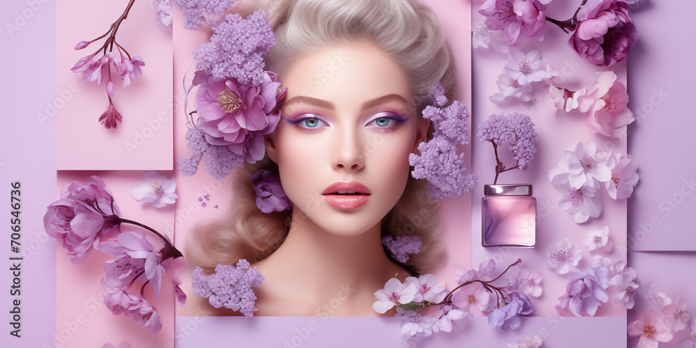 spring summer collage of purple flowers in the center portrait of a beautiful blonde girl, presentation, product demonstration, spring background for your desktop