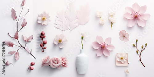 spring set of flowers, petals, twigs, buds, leaves on a neutral background, banner, wallpaper, background