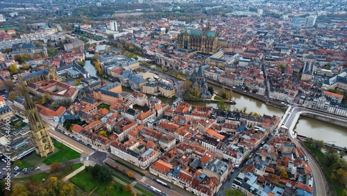 Aerial around the city Metz in France on a sunny noon in later fall.