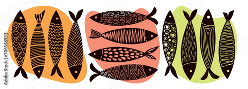 Sardine poster set in warm colors. Vector hand-drawn illustration for icons, print, pattern, cards, clipart