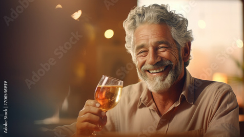 an adult man smiles, sits with a glass of wine in a cafe, looks at his interlocutor