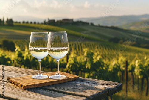 Glass of wine on wooden board with Tuscany and italian vineyards in background. Generative AI.