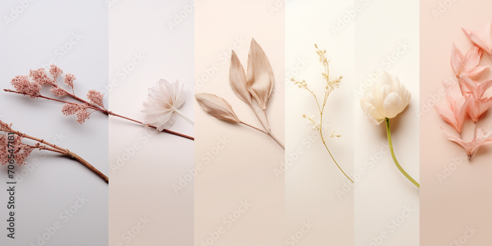 spring-summer collage of different flowers in gentle colors arranged in a row, background, presentation, product demonstration, spring background for your desktop - obrazy, fototapety, plakaty 