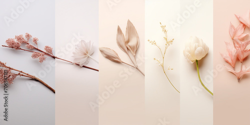 spring-summer collage of different flowers in gentle colors arranged in a row, background, presentation, product demonstration, spring background for your desktop