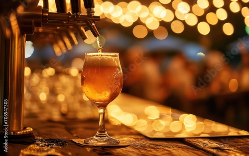 Beer being poured into a glass against the backdrop of a blurred party scene, setting the mood for a lively and fun-filled summer vacation celebration.