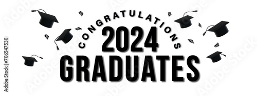 Graduation Banner Design with Black Text - Shiny Confetti and Tossed Graduate Caps
