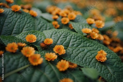 Natures Delicate Tapestry  A Kaleidoscope of Vivacious Orange Blossoms Flourishing on Lush Green Foliage