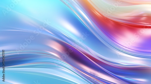 Abstract 3d render of light emitter glass with iridescent holographic vibrant gradient wave texture. Design element for banner, background, wallpaper, header, poster or cover. Generative Ai