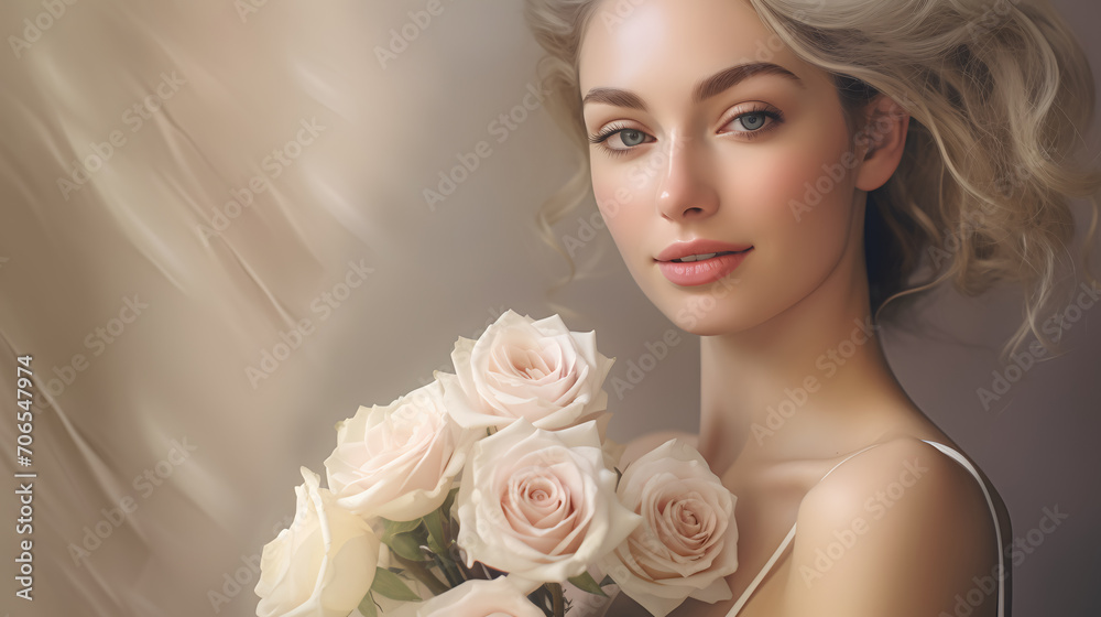 Obraz premium beautiful girl with a large bouquet of roses with a look of love on Valentine's Day