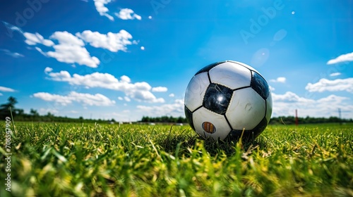 Soccer, with the background of the field grass and blue sky and white clouds, close up, natural light,