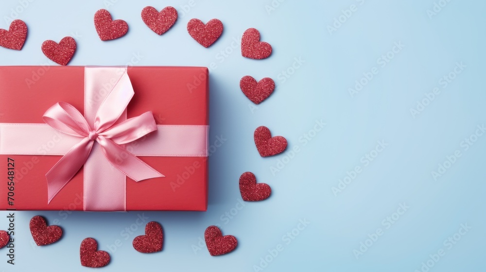 Valentine's Day background with red hearts and gift box on blue background