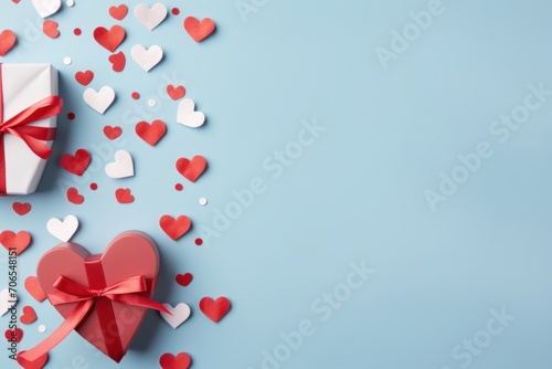 Valentine's day background with hearts and gift box on blue background © lublubachka