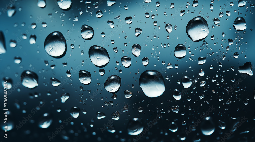 Fresh water drops after raining on blue glass window background . Abstract wet raindrops dripping down from the window glass Fresh water drops after raining on blue glass window background . Abstract wet raindrops dripping down from the window glass