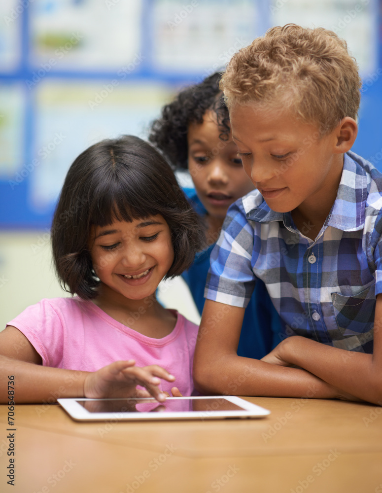 Children, learning and tablet in classroom for online education, scroll on school website and information in group. Happy students or kids on digital technology for knowledge, reading and development Children, learning and tablet in classroom for online education, scroll on school website and information in group. Happy students or kids on digital technology for knowledge, reading and development