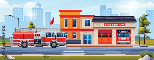 Fire station building with fire trucks on cityscape background. Vector cartoon illustration photo