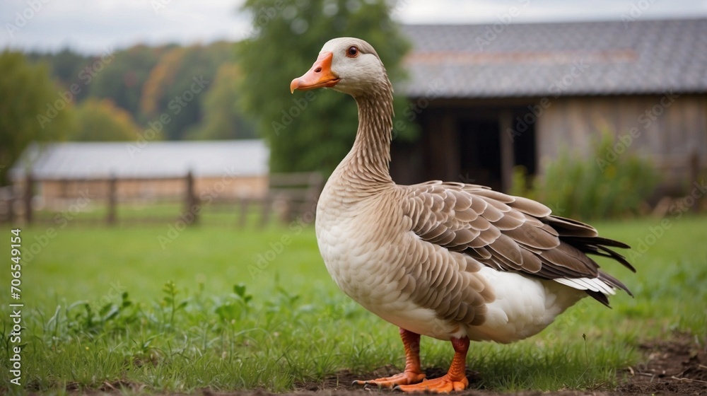 gray goose on the background of the farm
