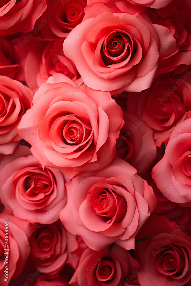 Top view of the blossoming rose buds. Flat lay, Beautiful roses, wallpaper, pattern. Design for a postcard. Valentine's Day, International Women's Day, Mother's Day, Wedding and Birthday.