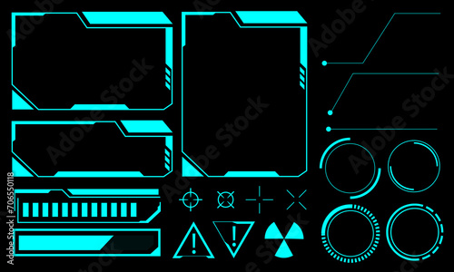 Hud frames blue user interface elements design modern technology futuristic control panel screen digital hologram window gaming menu touching cyber monitor set on black background vector