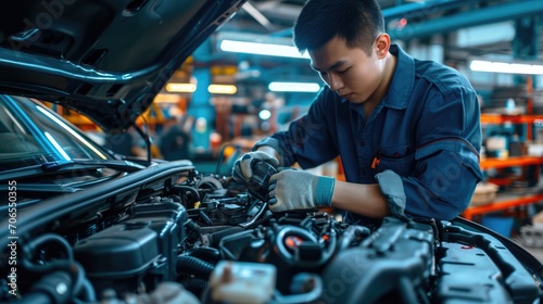 The skilled auto repair master meticulously tends to a car engine at the forefront of the auto service, showcasing expertise and dedication in automotive maintenance.
