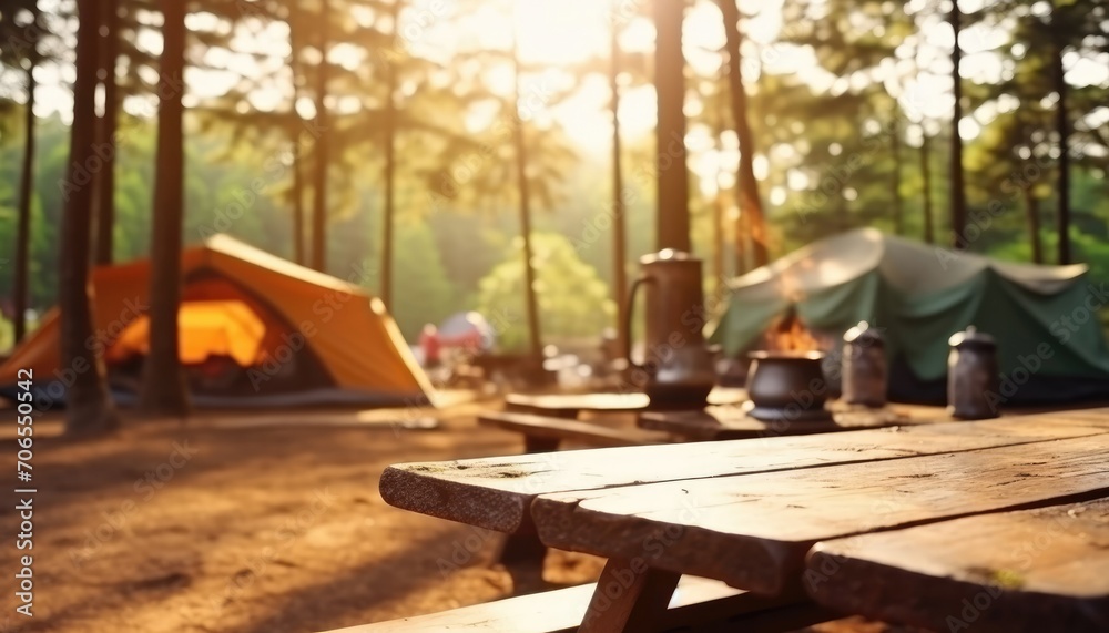 Blurred camping and tents in forest Wood table.