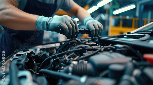 The adept auto repair master demonstrates expertise and commitment as they meticulously repair a car engine at the forefront of the auto service, ensuring top-notch automotive maintenance.