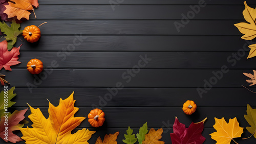 Thanks giving and Autumn decoration concept made from autumn leaves and pumpkin on dark background. Flat lay  top view with copy space