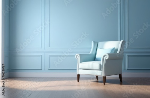 Classic style cozy interior with blue walls adorned with stucco, molding and armchair.