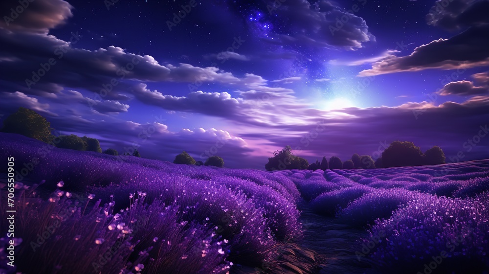 Moonlit Lavender Field and Starry Sky - AI Generated Moonlit Lavender Field and Starry Sky - AI Generated