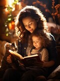 mother reading book to her kid in cozy living room.
