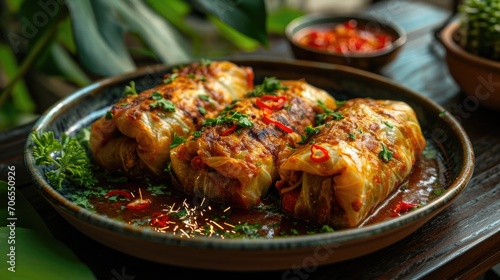Food photography, holubtsi (stuffed cabbage rolls) from a traditional wood-fired oven, on a ceramic plate with a tropical leaf background photo